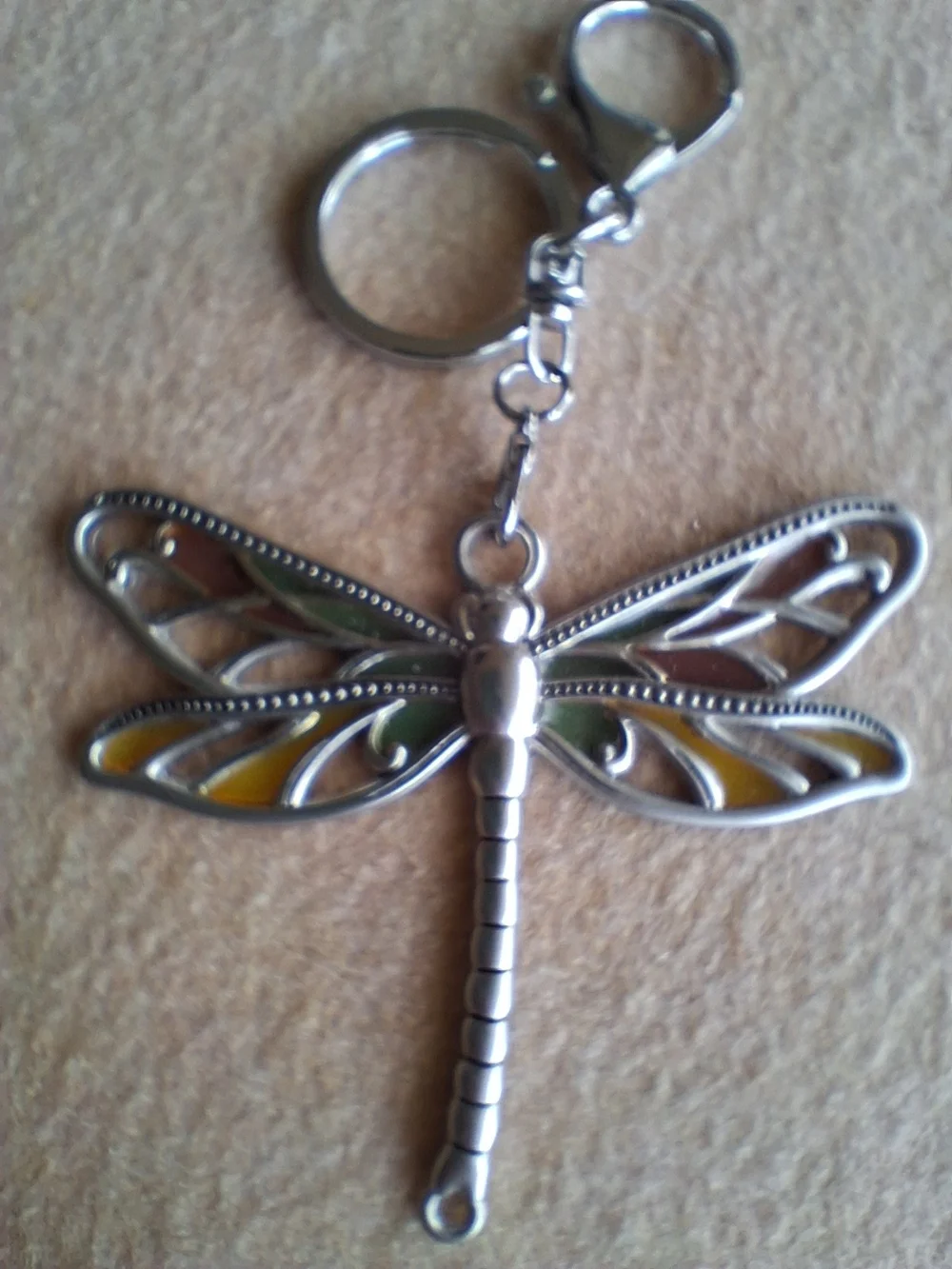Dragonfly Keychain Silver Tones with Yellow and Green Accents
